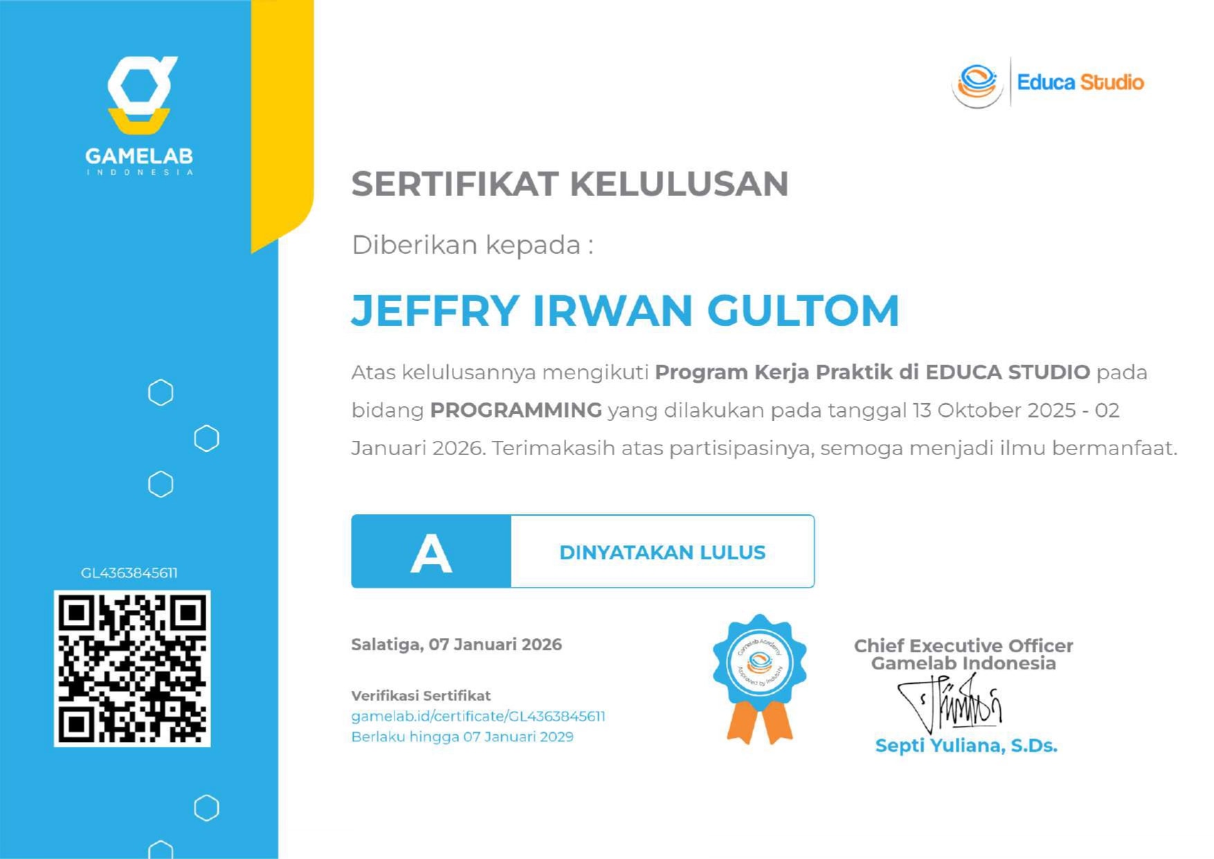 Program kerja praktik di EDUCA STUDIO certificate from Programming - Educa Studio