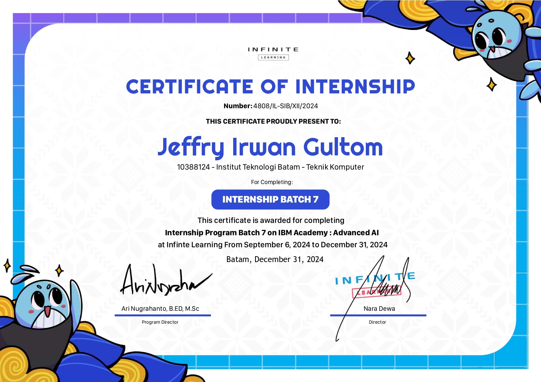 Intership Program Batch 7 on IBM Academy : Advanced AI certificate from Infinite Learning Batam